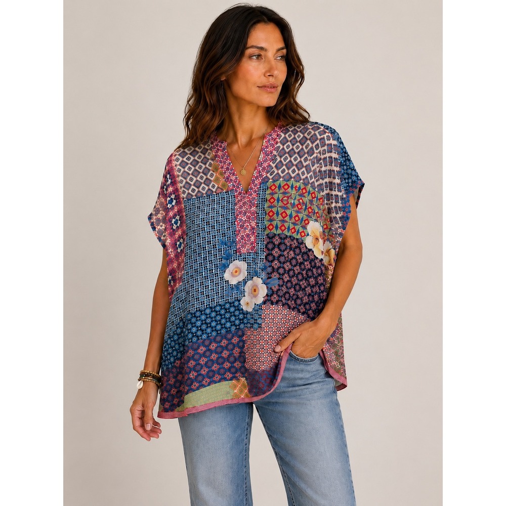 Johnny Was Womens Silk Patchwork Floral Geometric Tunic Top Multicolor C11819B-D